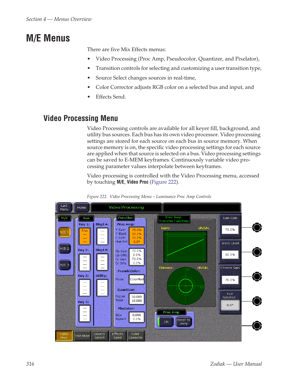 M/e menus, Video processing menu | Grass Valley Zodiak v.6.0 Mar 15 2006 User Manual | Page 316 / 494