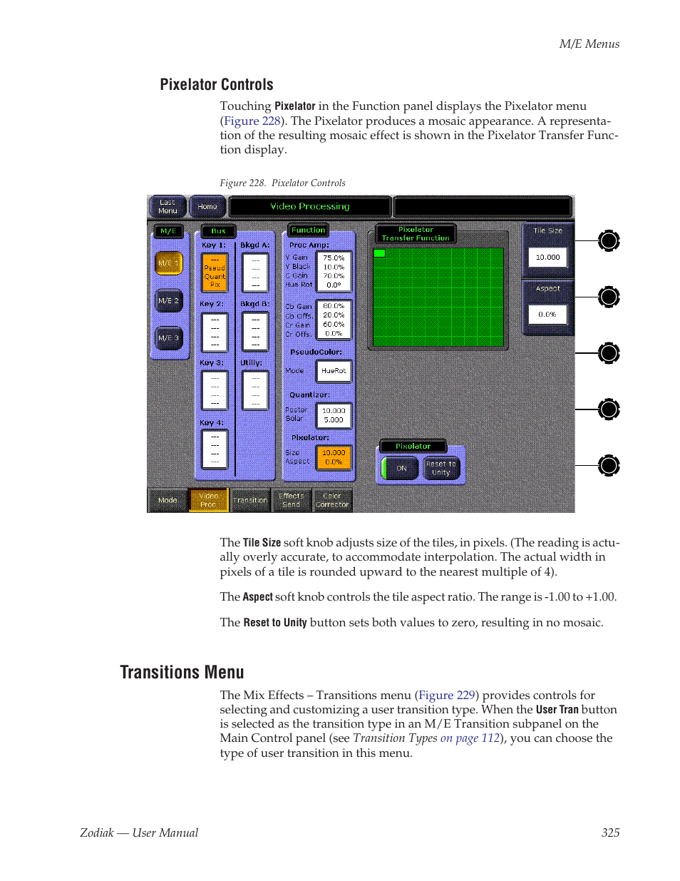 Pixelator controls, Transitions menu | Grass Valley Zodiak v.6.0 Mar 15 2006 User Manual | Page 325 / 494
