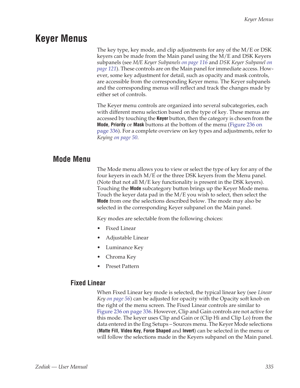 Keyer menus, Mode menu, Fixed linear | Grass Valley Zodiak v.6.0 Mar 15 2006 User Manual | Page 335 / 494