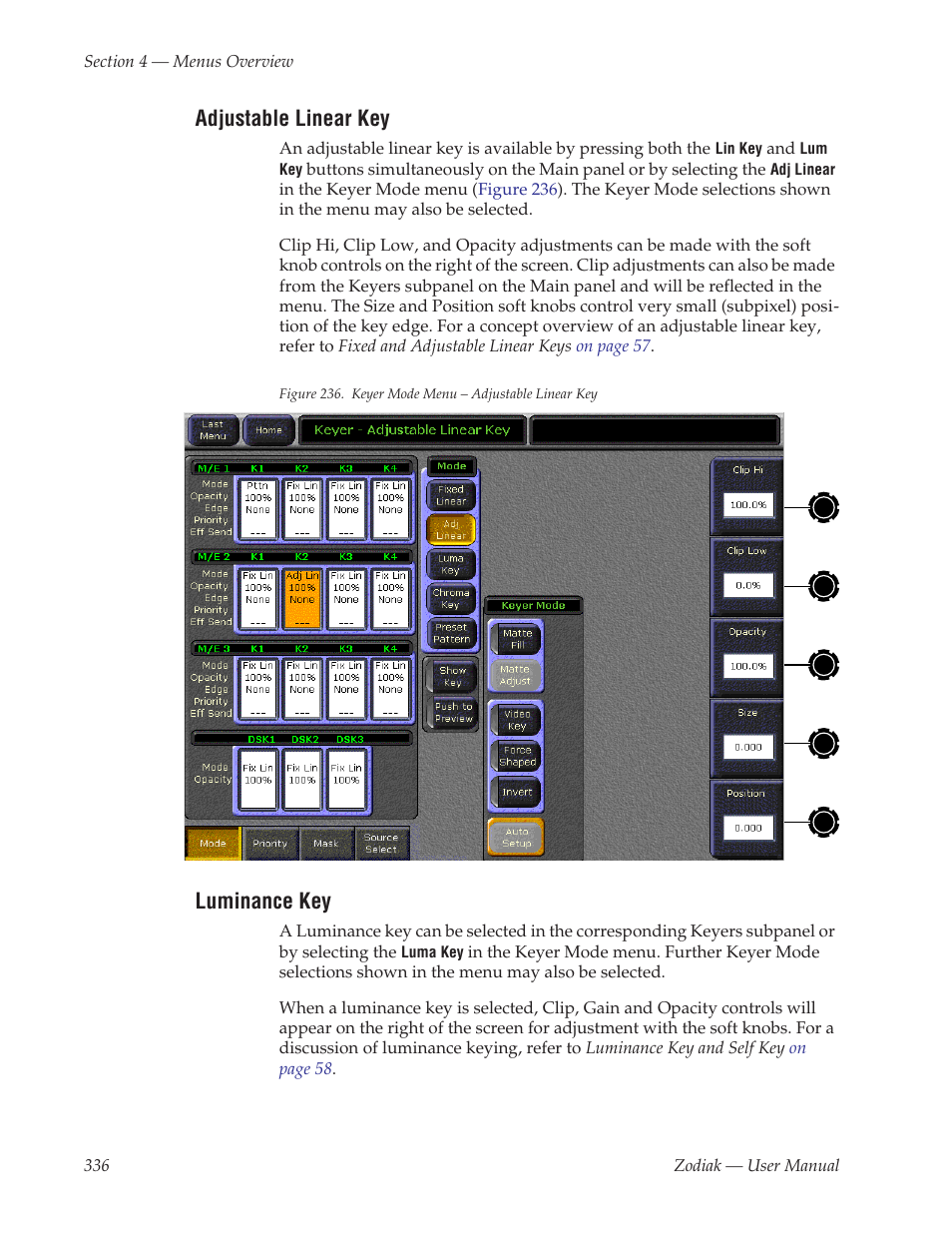 Adjustable linear key, Luminance key, Figure 236 on | However, clip and gain controls are not active for | Grass Valley Zodiak v.6.0 Mar 15 2006 User Manual | Page 336 / 494