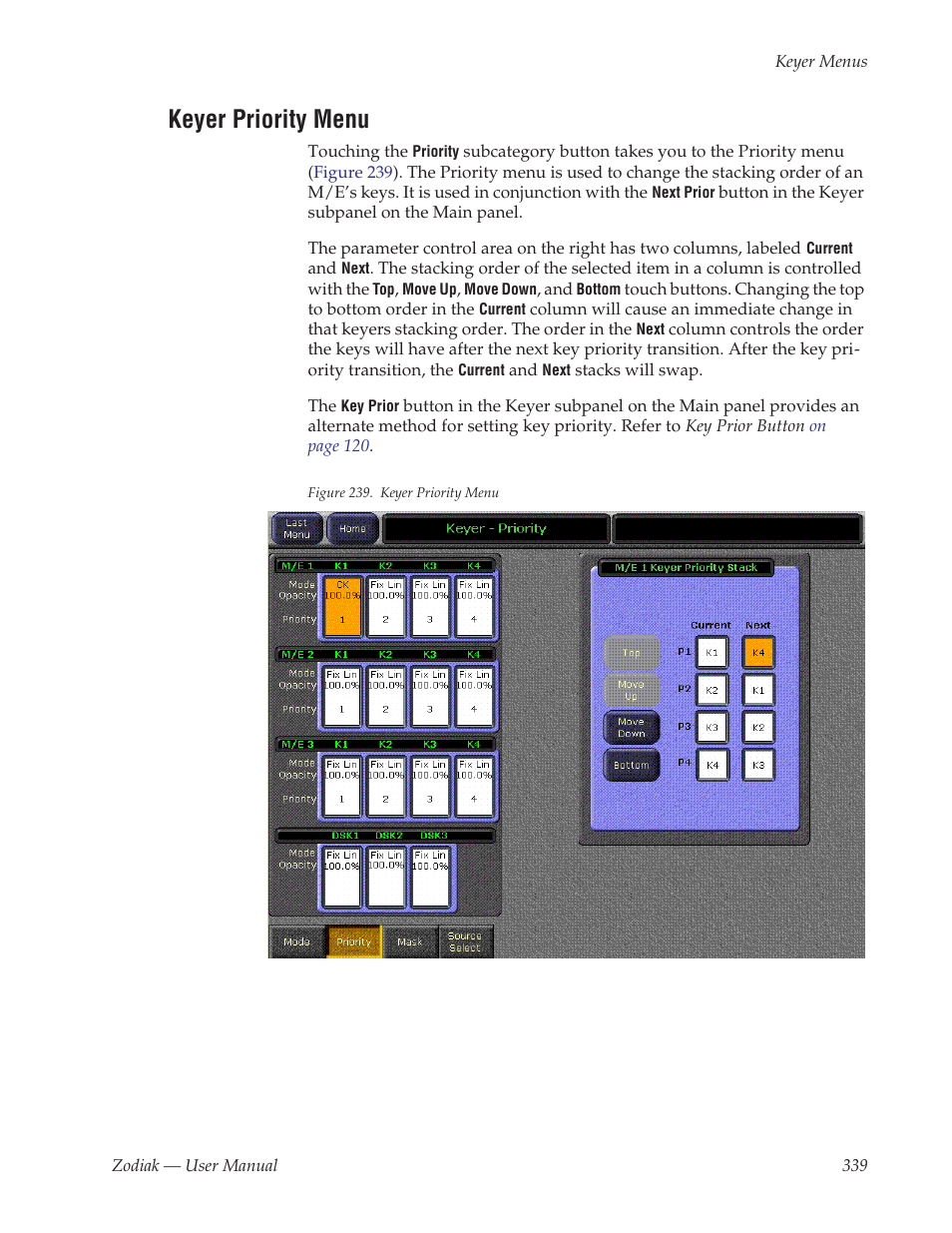 Keyer priority menu | Grass Valley Zodiak v.6.0 Mar 15 2006 User Manual | Page 339 / 494