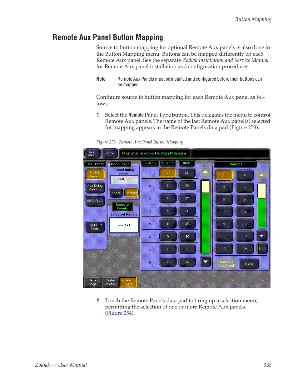 Remote aux panel button mapping | Grass Valley Zodiak v.6.0 Mar 15 2006 User Manual | Page 355 / 494