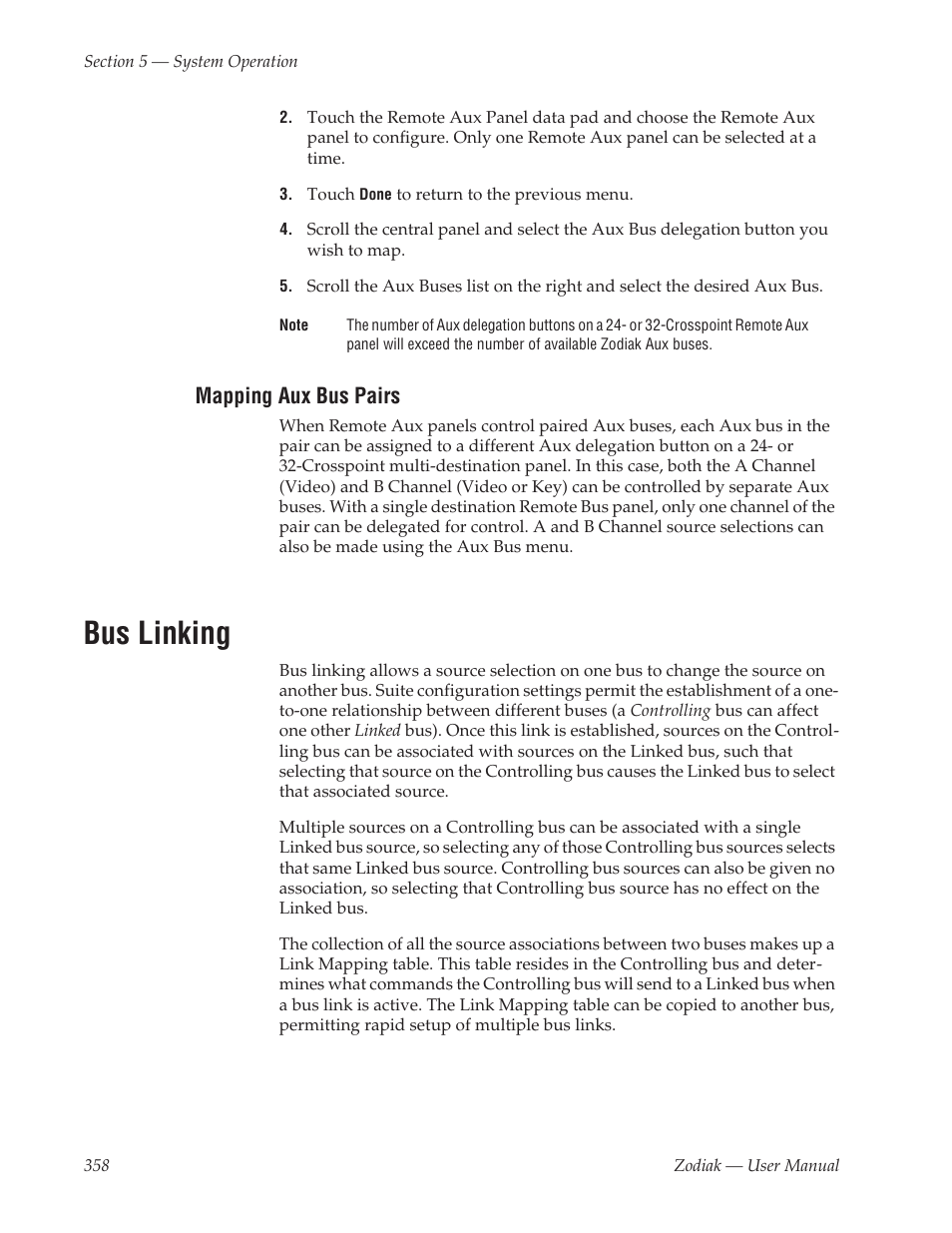 Mapping aux bus pairs, Bus linking | Grass Valley Zodiak v.6.0 Mar 15 2006 User Manual | Page 358 / 494