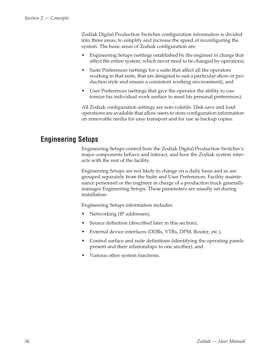 Engineering setups | Grass Valley Zodiak v.6.0 Mar 15 2006 User Manual | Page 36 / 494