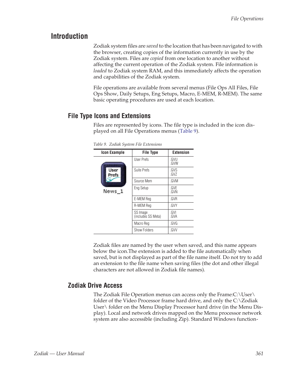 Introduction, File type icons and extensions, Zodiak drive access | Grass Valley Zodiak v.6.0 Mar 15 2006 User Manual | Page 361 / 494