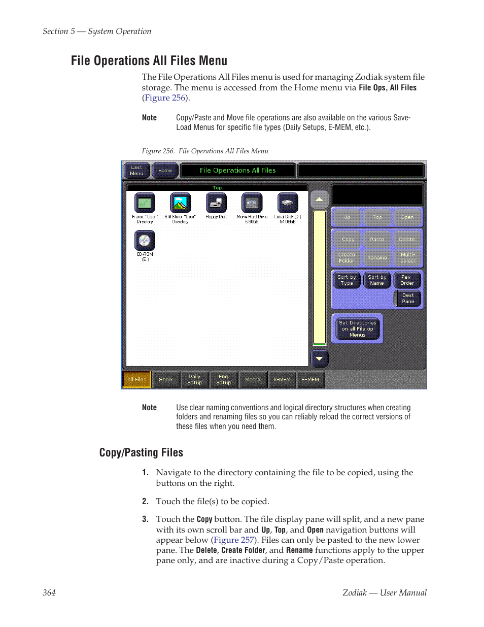 File operations all files menu, Copy/pasting files | Grass Valley Zodiak v.6.0 Mar 15 2006 User Manual | Page 364 / 494