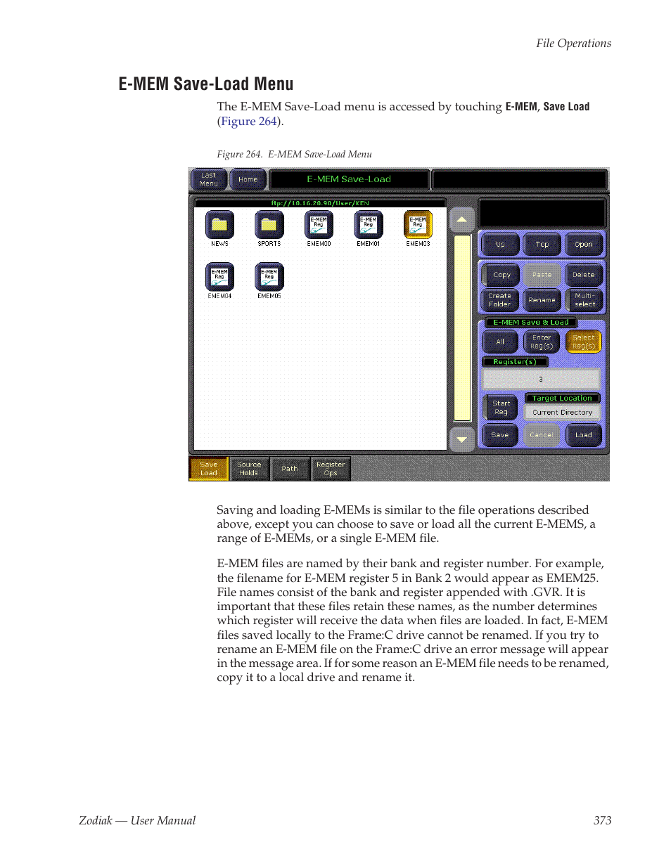 E-mem save-load menu | Grass Valley Zodiak v.6.0 Mar 15 2006 User Manual | Page 373 / 494