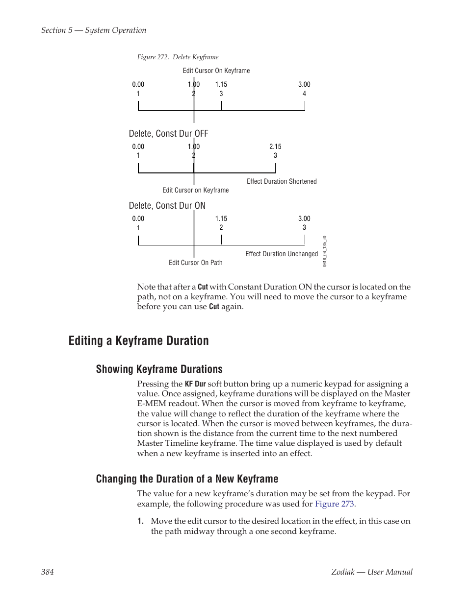 Editing a keyframe duration, Showing keyframe durations, Changing the duration of a new keyframe | Value can be changed by the operator (see, Be changed (see | Grass Valley Zodiak v.6.0 Mar 15 2006 User Manual | Page 384 / 494
