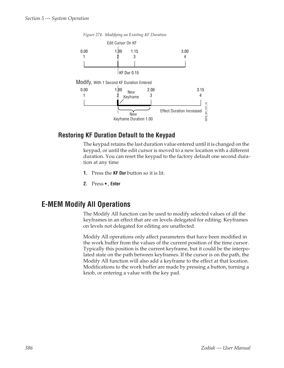 Restoring kf duration default to the keypad, E-mem modify all operations | Grass Valley Zodiak v.6.0 Mar 15 2006 User Manual | Page 386 / 494