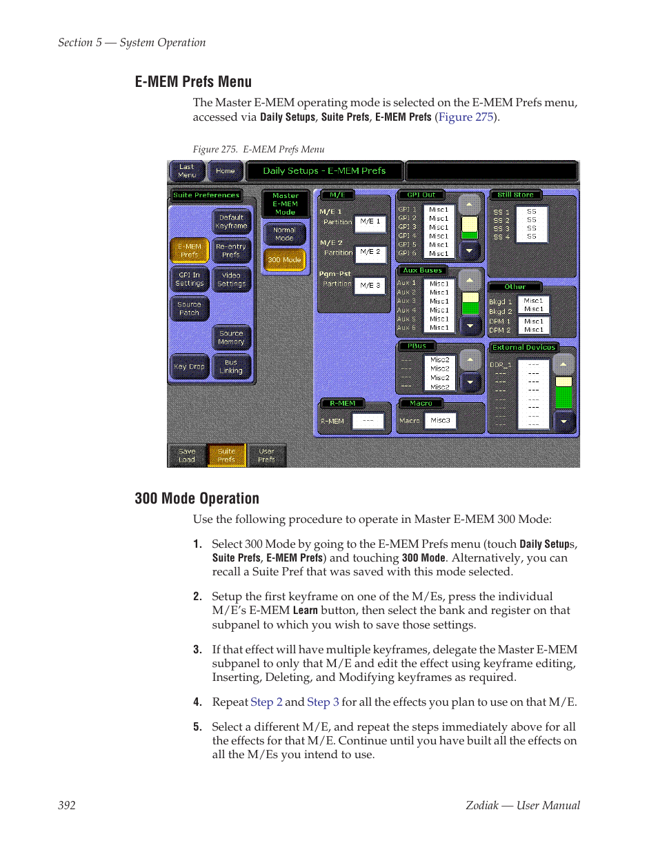 E-mem prefs menu, 300 mode operation | Grass Valley Zodiak v.6.0 Mar 15 2006 User Manual | Page 392 / 494