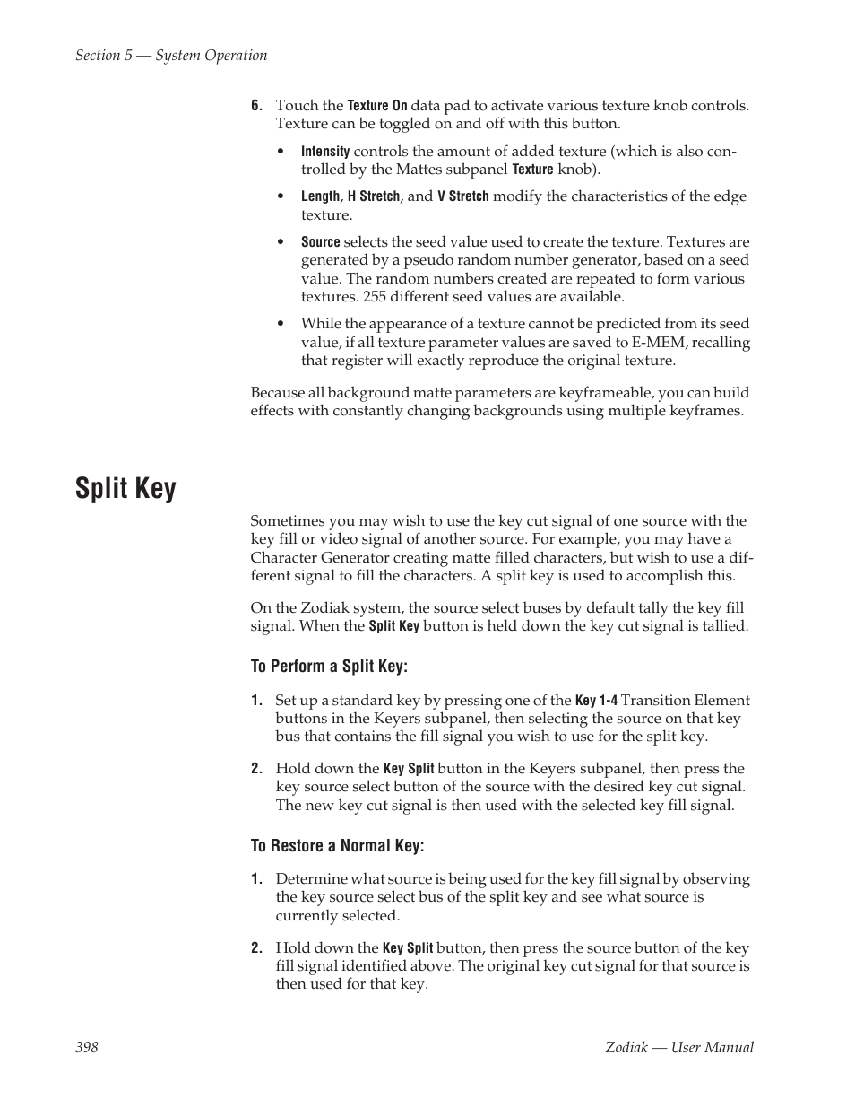 Split key | Grass Valley Zodiak v.6.0 Mar 15 2006 User Manual | Page 398 / 494