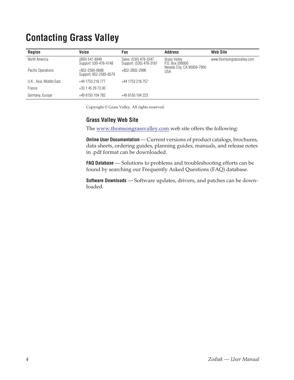 Contacting grass v alley | Grass Valley Zodiak v.6.0 Mar 15 2006 User Manual | Page 4 / 494