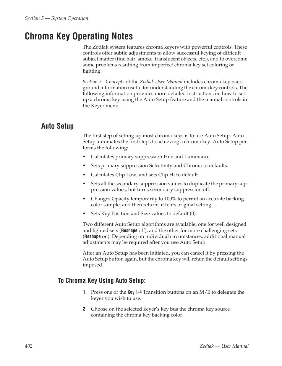 Chroma key operating notes, Auto setup, To chroma key using auto setup | See chroma key operating notes, For more information on setting | Grass Valley Zodiak v.6.0 Mar 15 2006 User Manual | Page 402 / 494