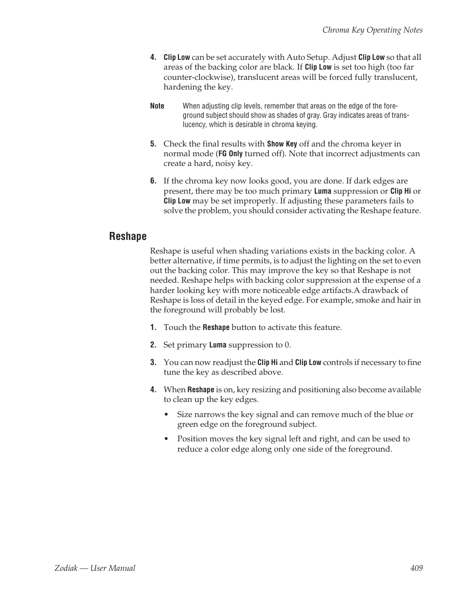 Reshape | Grass Valley Zodiak v.6.0 Mar 15 2006 User Manual | Page 409 / 494