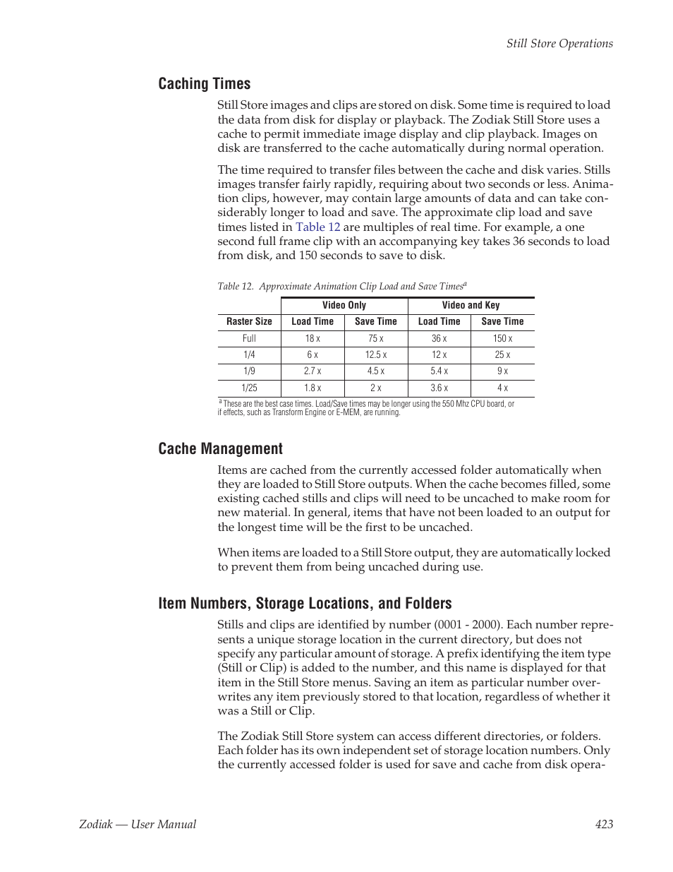 Caching times, Cache management, Item numbers, storage locations, and folders | Approximate animation clip load and save times | Grass Valley Zodiak v.6.0 Mar 15 2006 User Manual | Page 423 / 494
