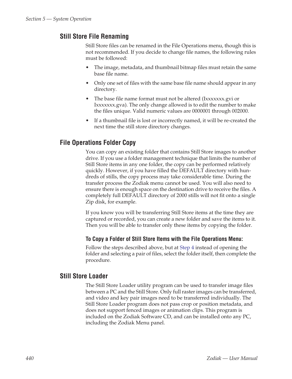 Still store file renaming, File operations folder copy, Still store loader | Grass Valley Zodiak v.6.0 Mar 15 2006 User Manual | Page 440 / 494