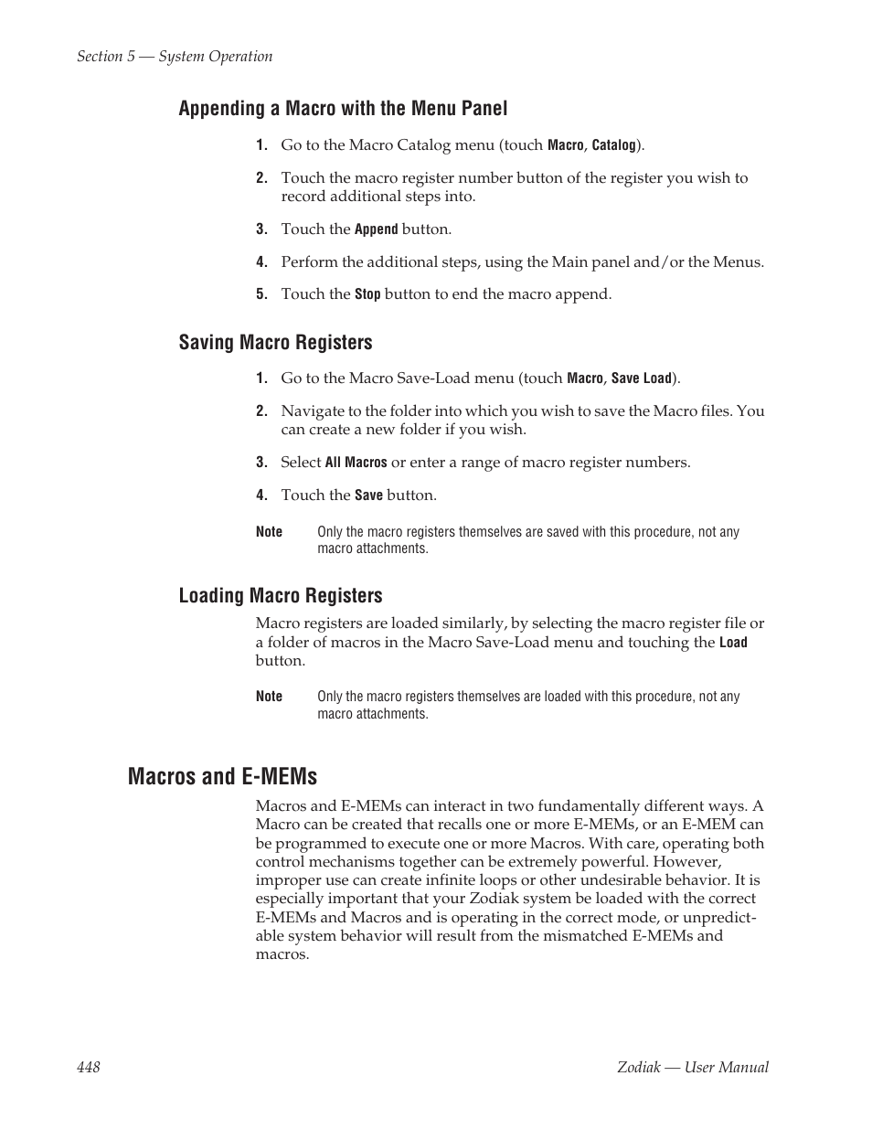Appending a macro with the menu panel, Saving macro registers, Loading macro registers | Macros and e-mems | Grass Valley Zodiak v.6.0 Mar 15 2006 User Manual | Page 448 / 494