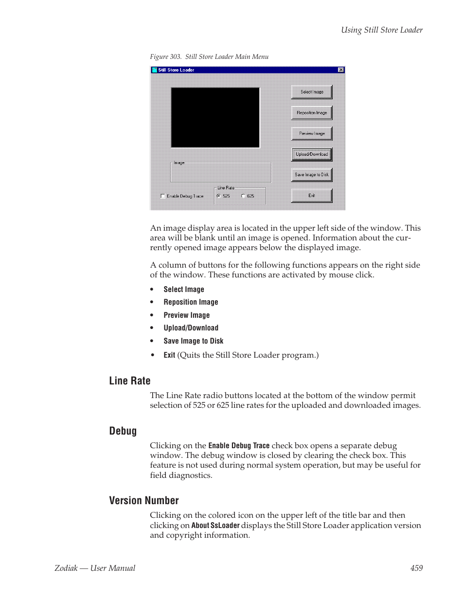 Line rate, Debug, Version number | Grass Valley Zodiak v.6.0 Mar 15 2006 User Manual | Page 459 / 494