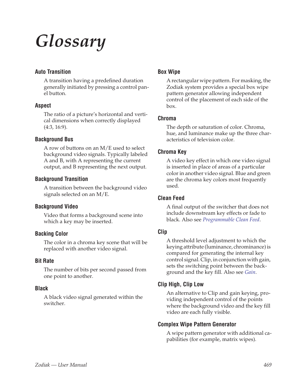 Glossary | Grass Valley Zodiak v.6.0 Mar 15 2006 User Manual | Page 469 / 494