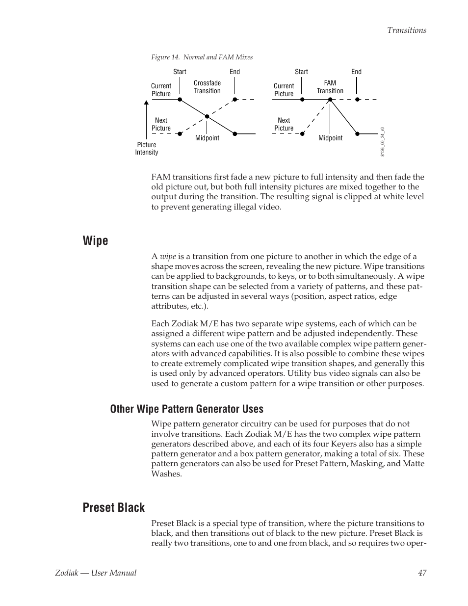 Wipe, Other wipe pattern generator uses, Preset black | Grass Valley Zodiak v.6.0 Mar 15 2006 User Manual | Page 47 / 494