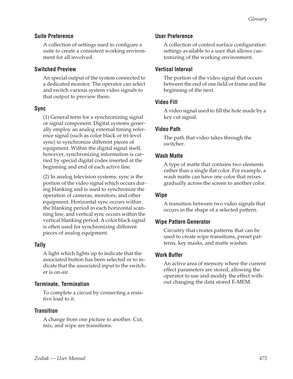 Suite preference, User preference, Switched preview | Grass Valley Zodiak v.6.0 Mar 15 2006 User Manual | Page 475 / 494