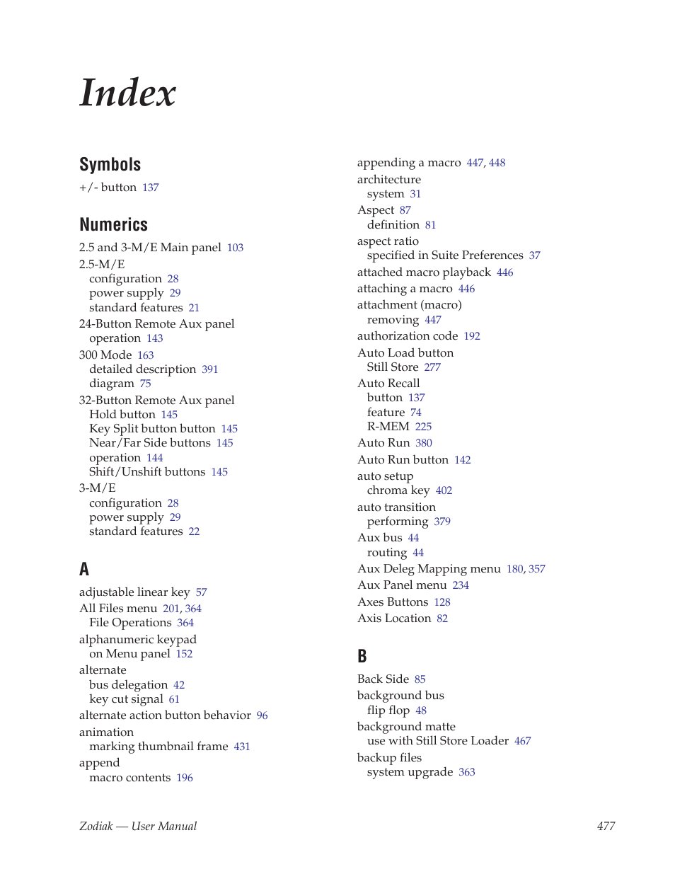 Index, Symbols, Numerics | Grass Valley Zodiak v.6.0 Mar 15 2006 User Manual | Page 477 / 494