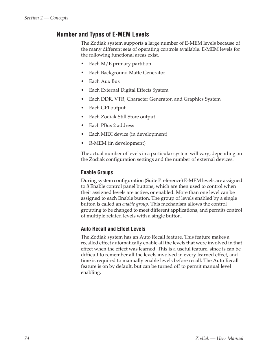 Number and types of e-mem levels | Grass Valley Zodiak v.6.0 Mar 15 2006 User Manual | Page 74 / 494