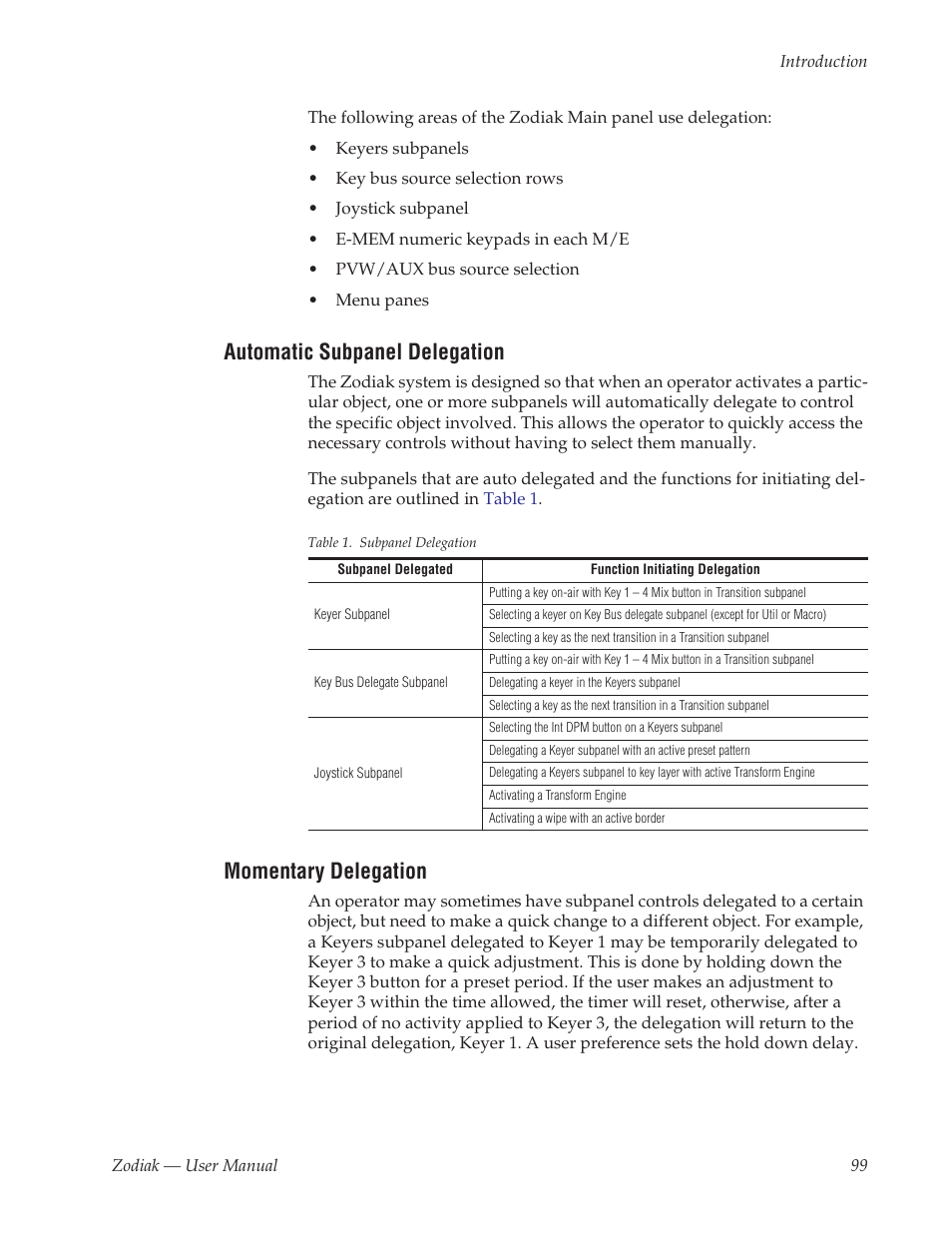 Automatic subpanel delegation, Momentary delegation | Grass Valley Zodiak v.6.0 Mar 15 2006 User Manual | Page 99 / 494
