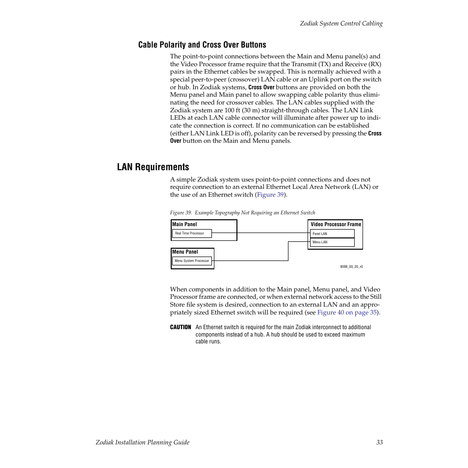Cable polarity and cross over buttons, Lan requirements, Figure 39 | Grass Valley Zodiak Installation Planning Guide User Manual | Page 33 / 41