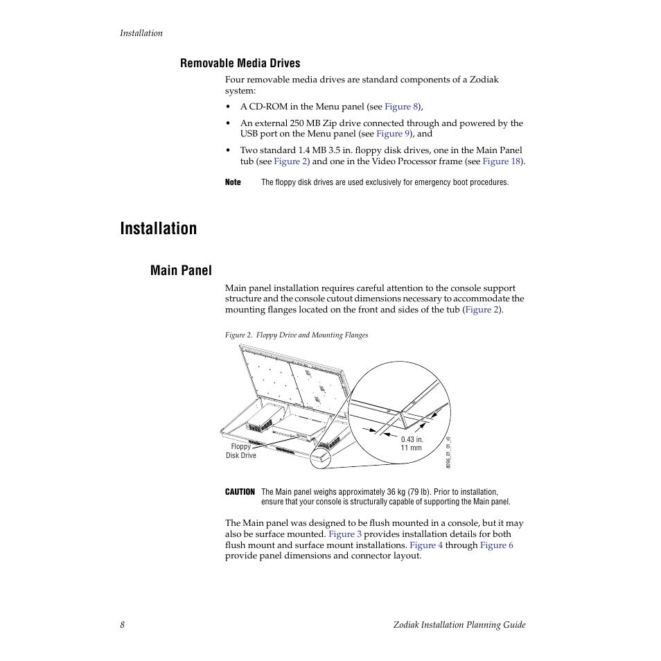Removable media drives, Installation, Main panel | Grass Valley Zodiak Installation Planning Guide User Manual | Page 8 / 41