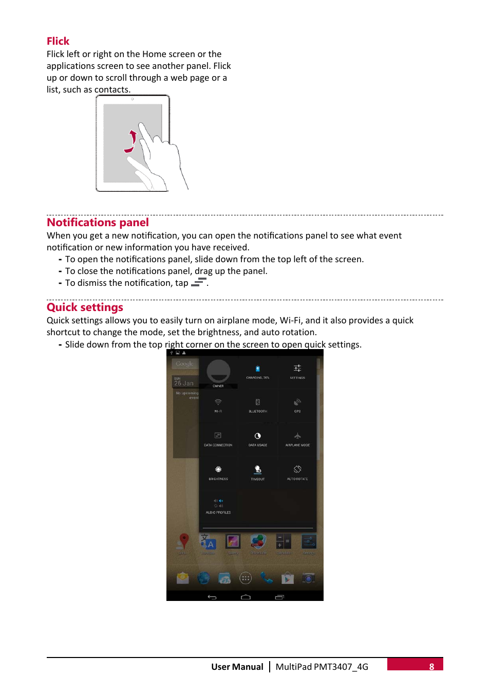 Notifications panel, Quick settings | PRESTIGIO MultiPad Wize 3407 PMT3407 User Manual | Page 12 / 40