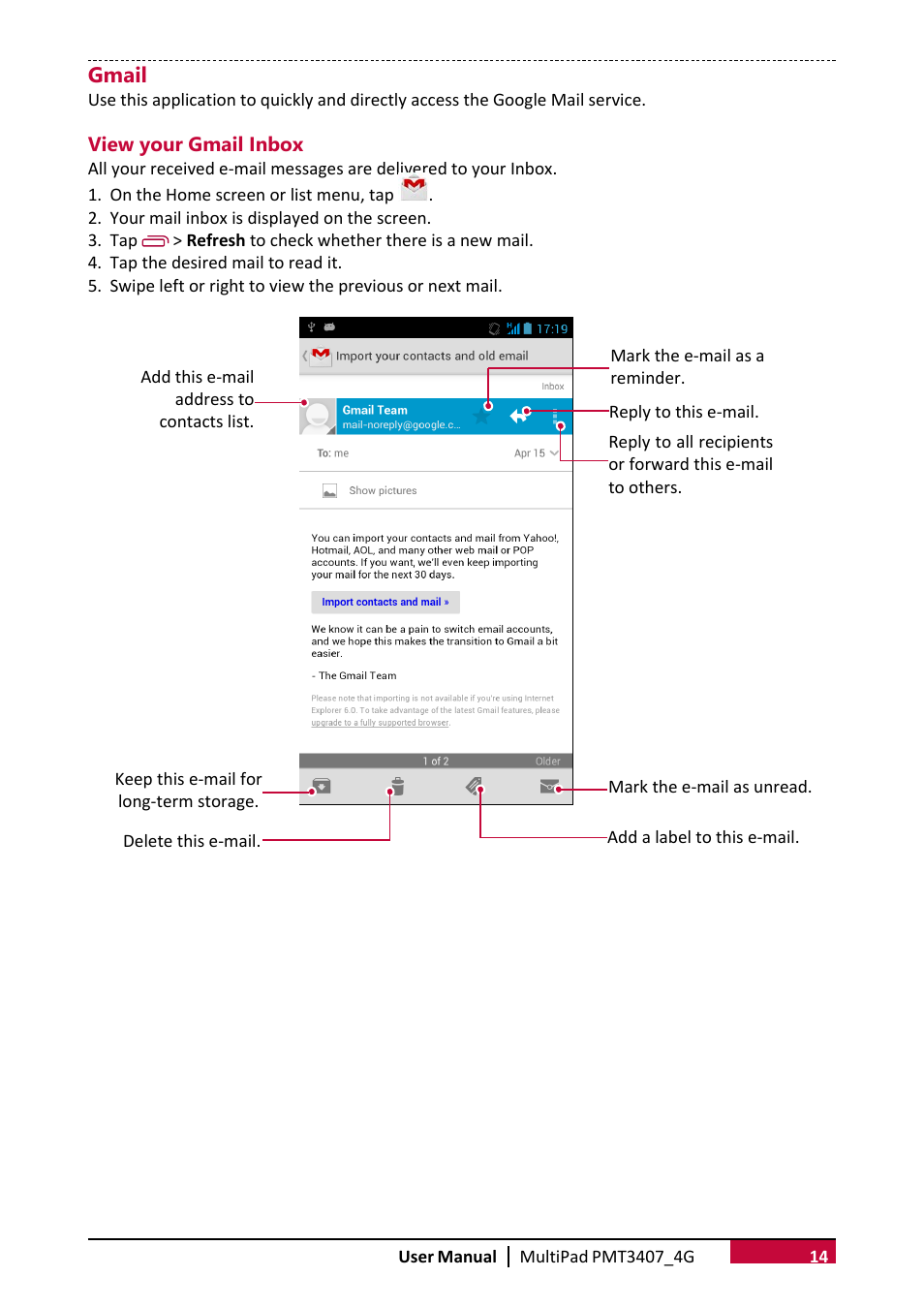 Gmail | PRESTIGIO MultiPad Wize 3407 PMT3407 User Manual | Page 19 / 40