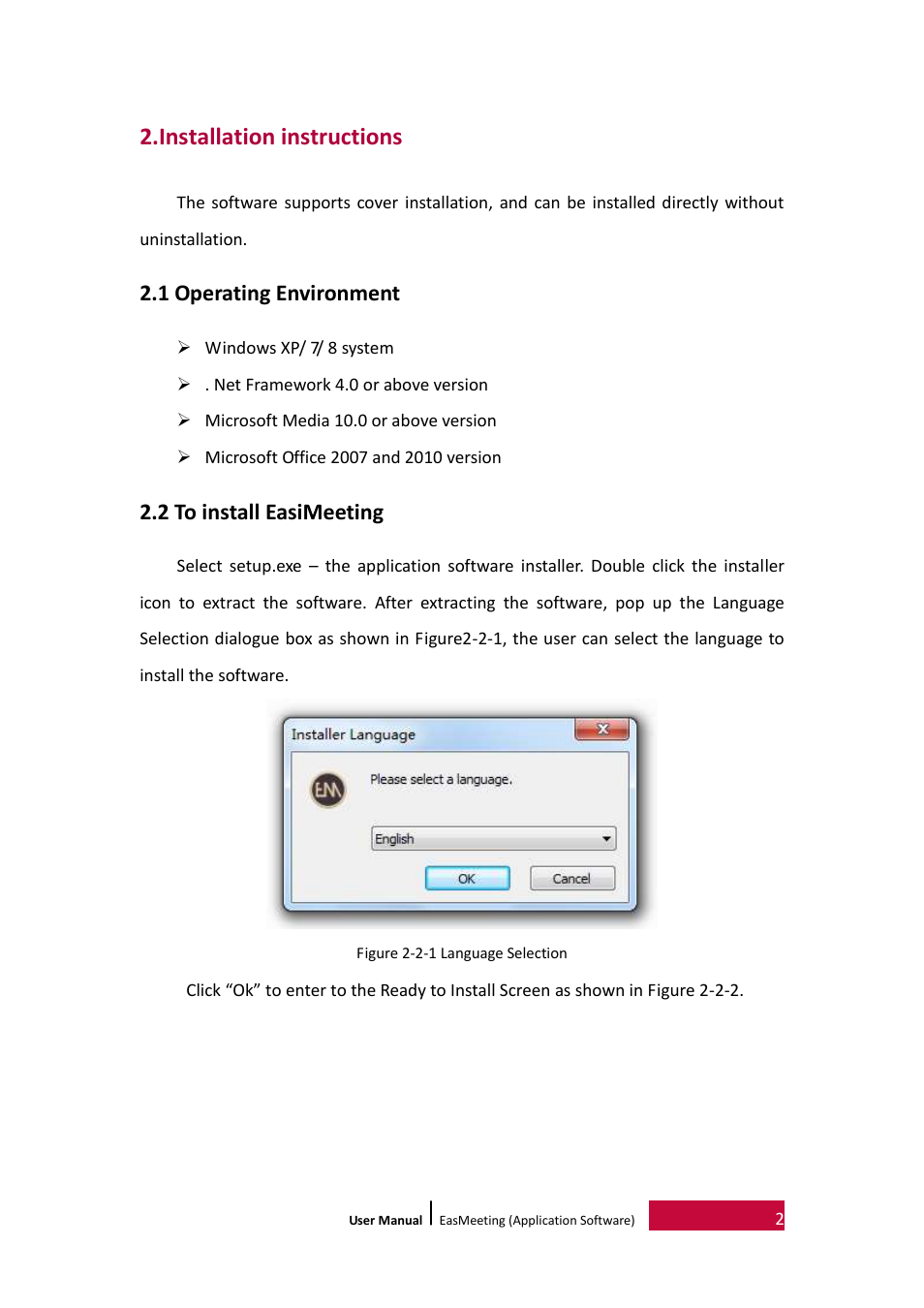 Installation instructions, 1 operating environment, 2 to install easimeeting | PRESTIGIO EasiMeeting User Manual | Page 5 / 60