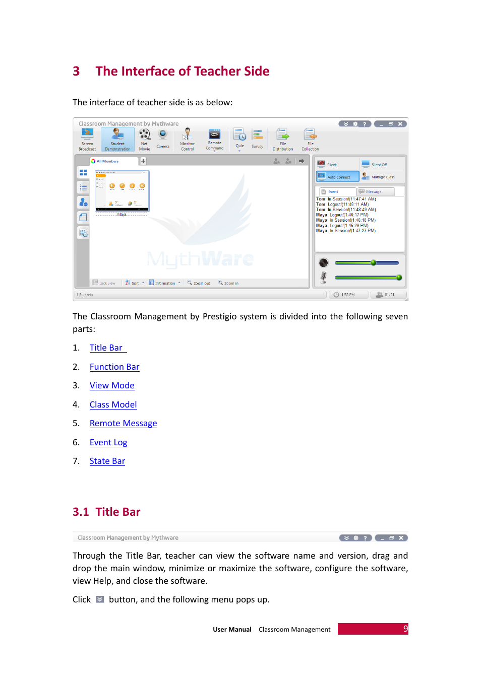 3 the interface of teacher side, 1 title bar, Nterface of | Eacher, Title bar, 3the interface of teacher side | PRESTIGIO Multiboard G98 User Manual | Page 12 / 58