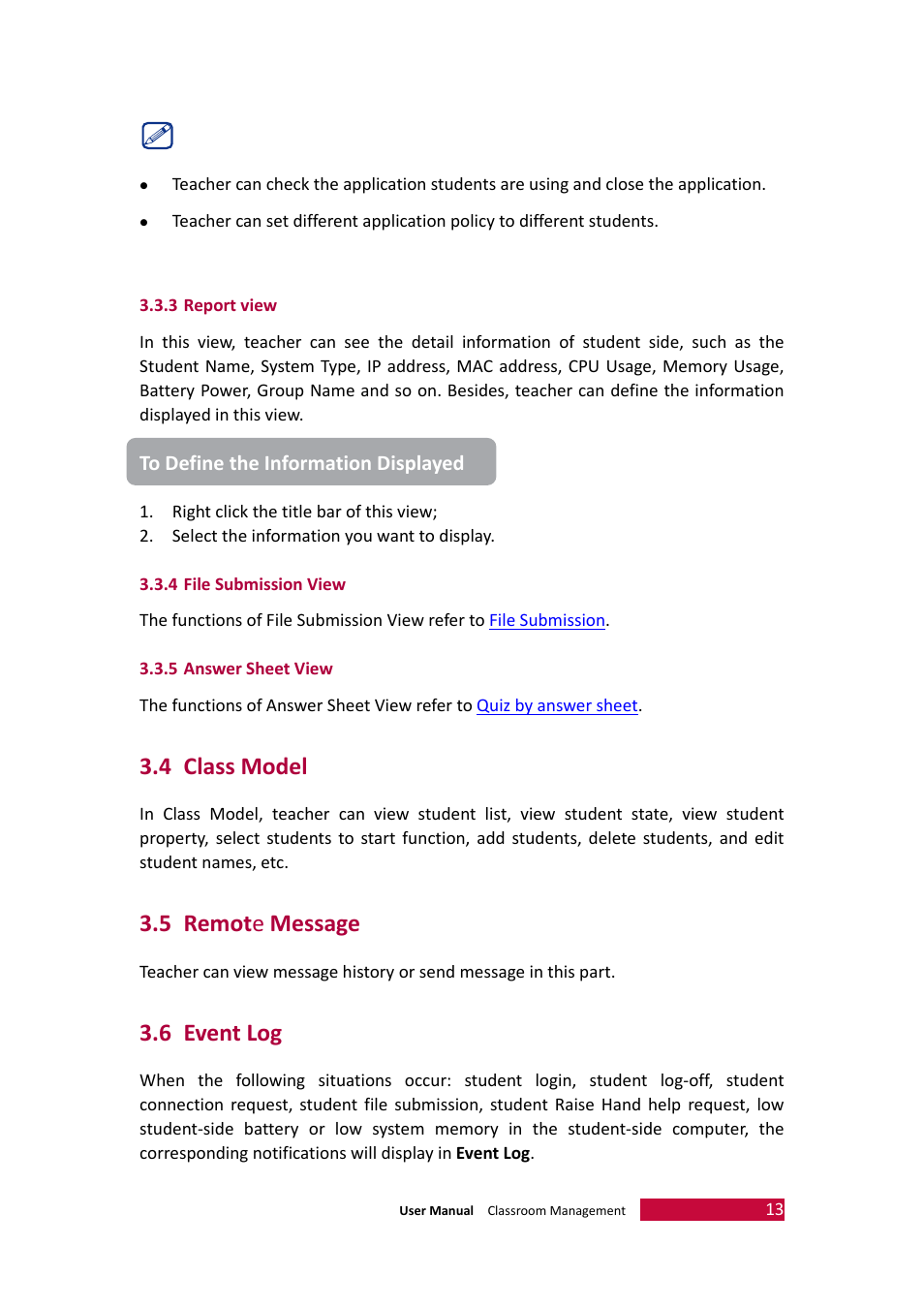 3 report view, 4 file submission view, 5 answer sheet view | 4 class model, 5 remote message, 6 event log, File submission view, Class model, Remote message, Event log | PRESTIGIO Multiboard G98 User Manual | Page 16 / 58