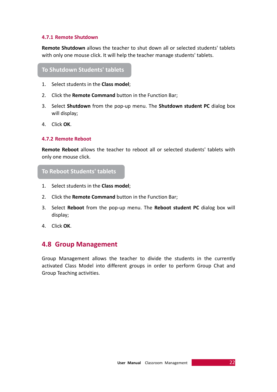 1 remote shutdown, 2 remote reboot, 8 group management | Remote shutdown, Remote reboot, Group management | PRESTIGIO Multiboard G98 User Manual | Page 25 / 58