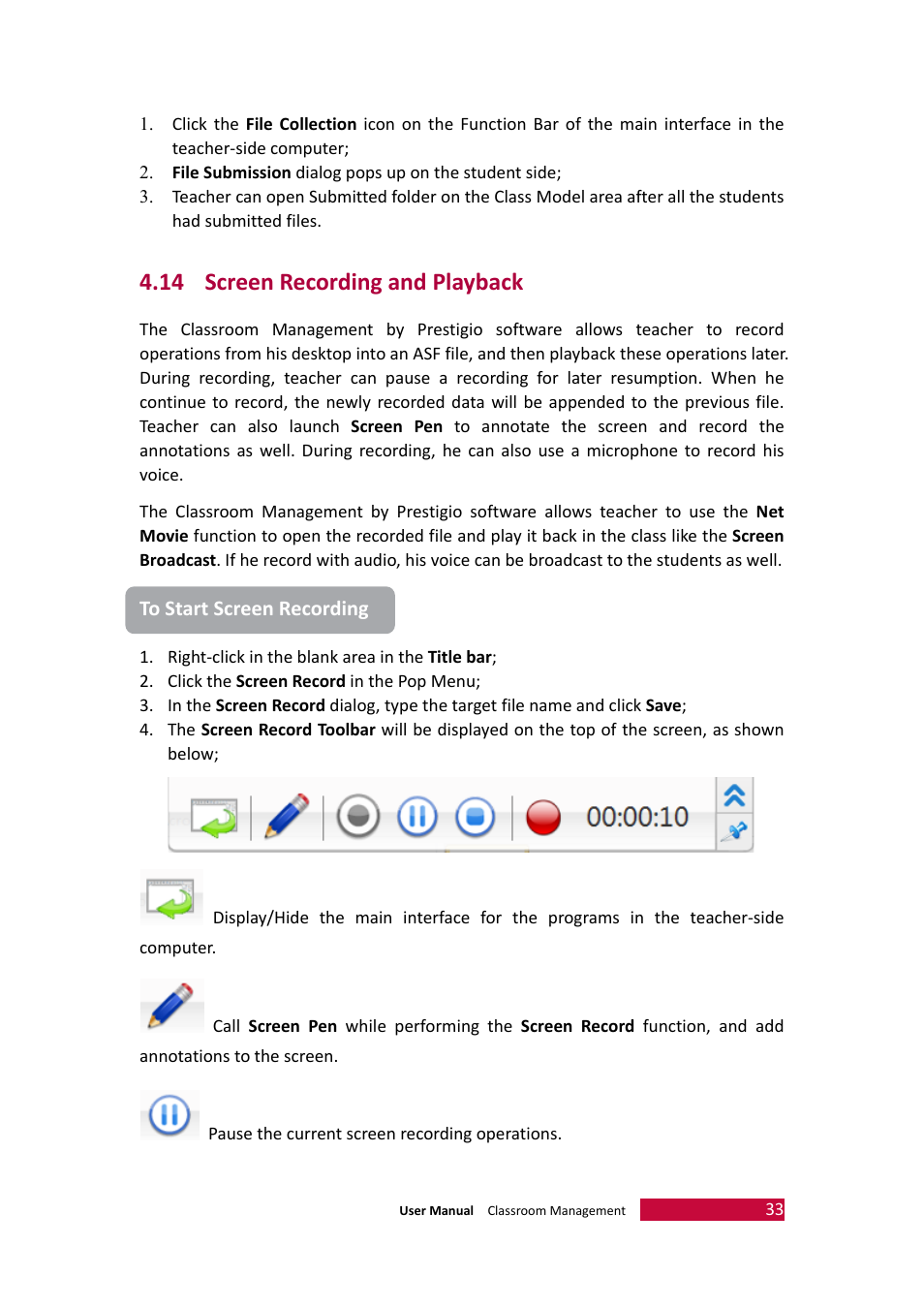 14 screen recording and playback, Screen recording and playback | PRESTIGIO Multiboard G98 User Manual | Page 36 / 58