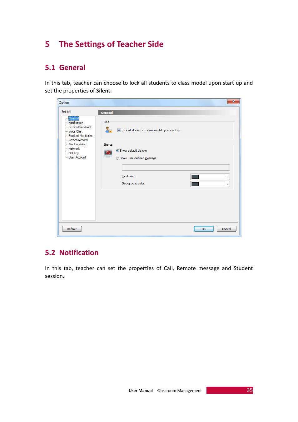 5 the settings of teacher side, 1 general, 2 notification | Ettings of, Eacher, General, Notification, The settings of teacher side, 5the settings of teacher side | PRESTIGIO Multiboard G98 User Manual | Page 38 / 58