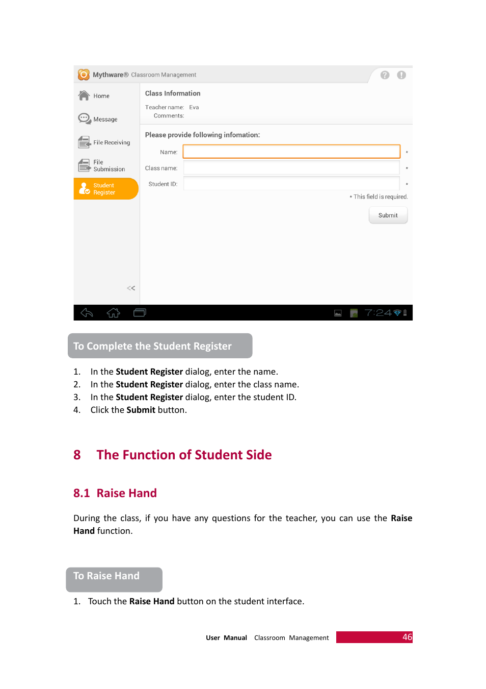 8 the function of student side, 1 raise hand, Unction of | Tudent, Raise hand, 8the function of student side | PRESTIGIO Multiboard G98 User Manual | Page 49 / 58