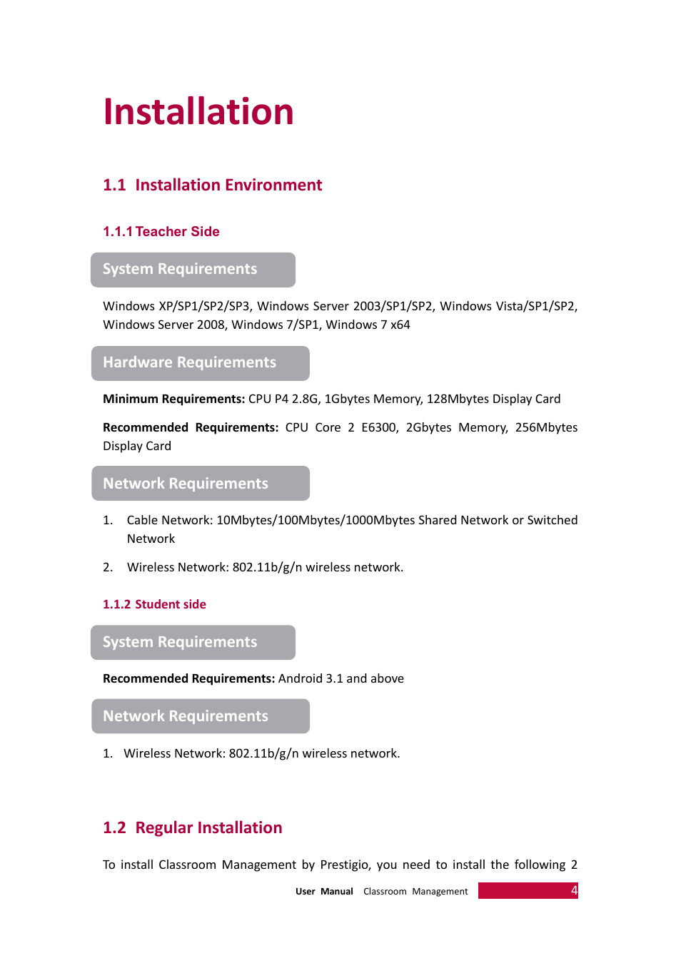 Installation, 1 installation environment, 1 teacher side | 2 student side, 2 regular installation, Installation environment, Teacher side, Student side, Regular installation | PRESTIGIO Multiboard G98 User Manual | Page 7 / 58