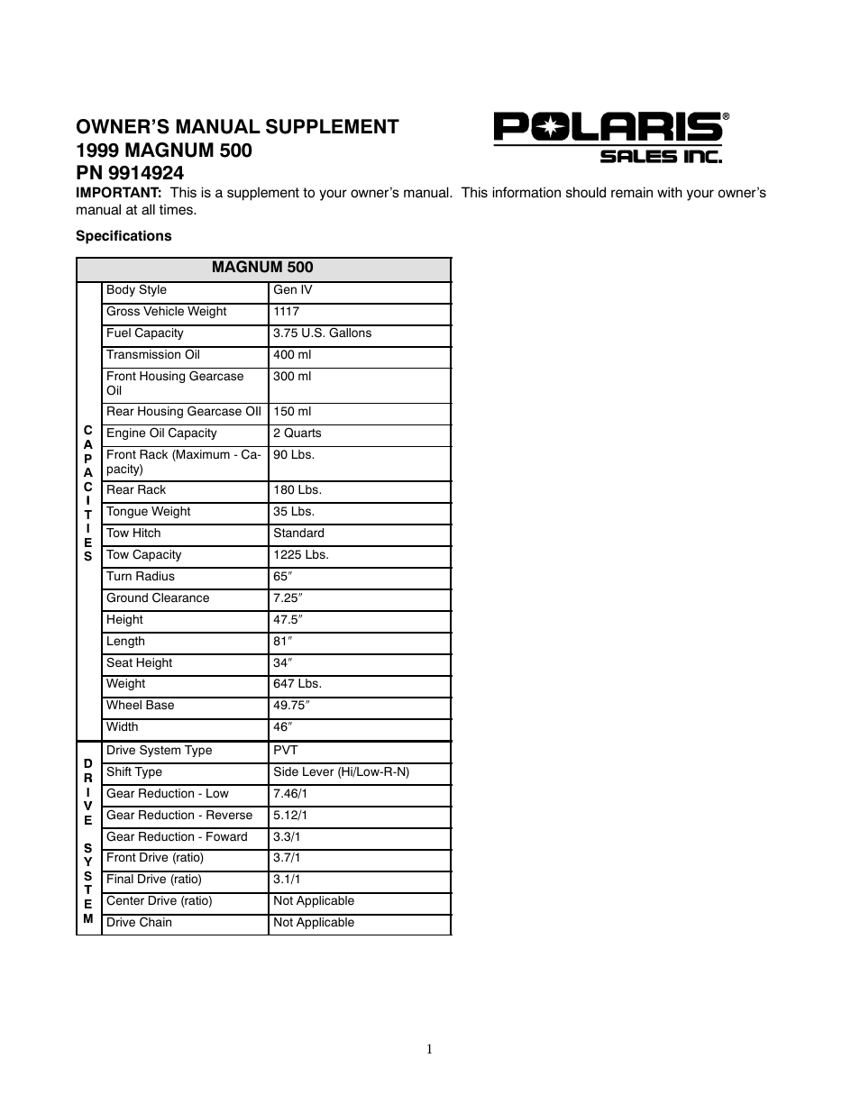 Polaris 1999 ATV Magnum 500 User Manual | 7 pages