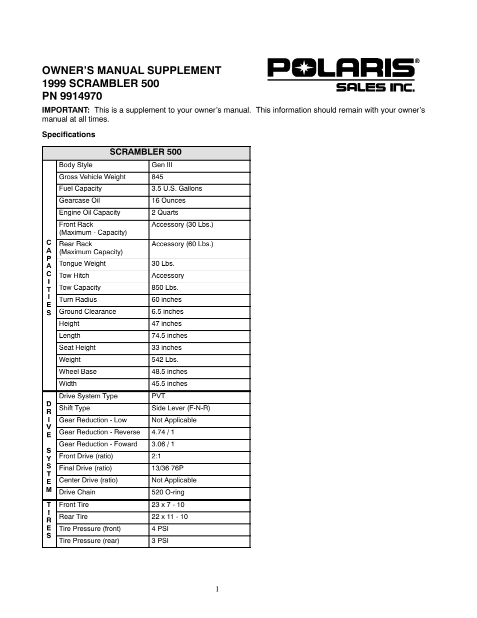Polaris 1999 ATV Scrambler 500 User Manual | 6 pages