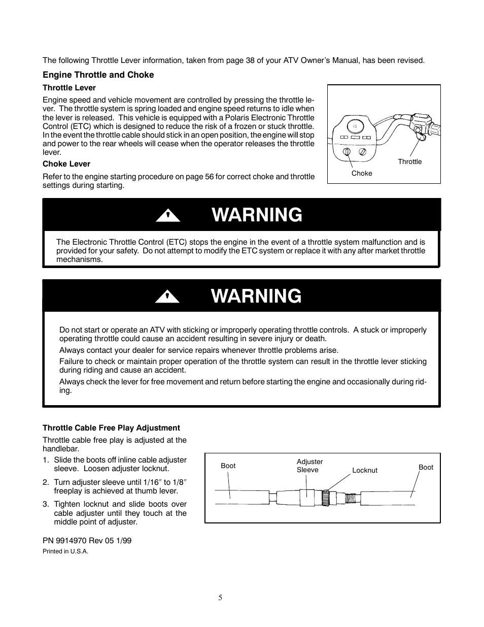 Warning | Polaris 1999 ATV Scrambler 500 User Manual | Page 5 / 6