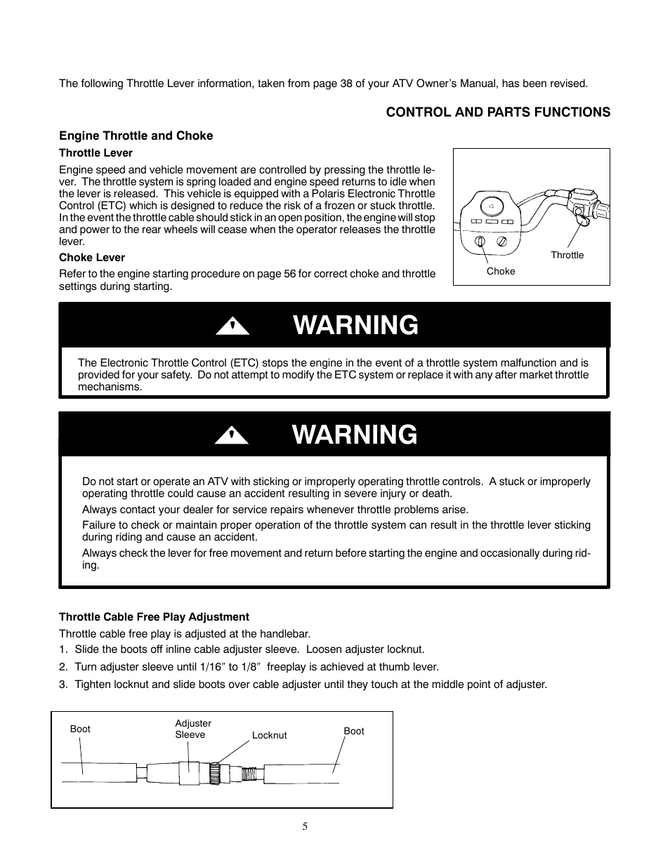 Warning | Polaris 1999 ATV XPLORER 400 User Manual | Page 5 / 7