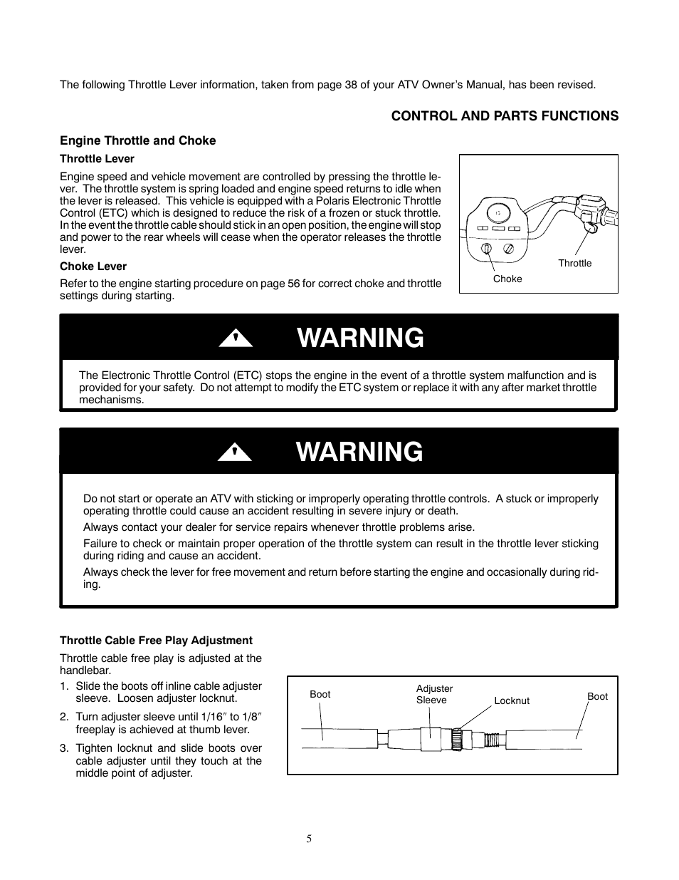 Warning | Polaris 1999 ATV Sport 400 User Manual | Page 5 / 7