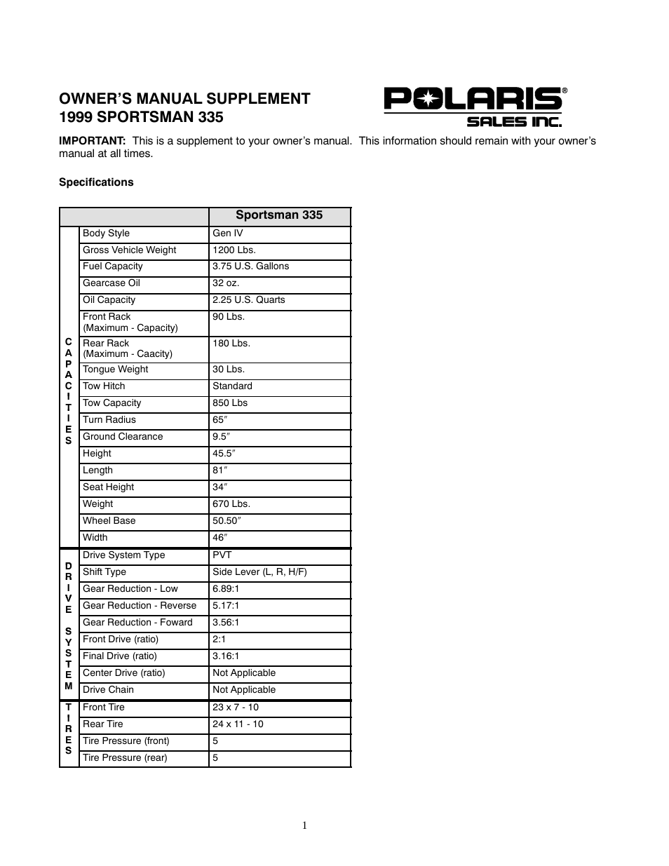 Polaris 1999 ATV Sportsman 335 User Manual | 5 pages