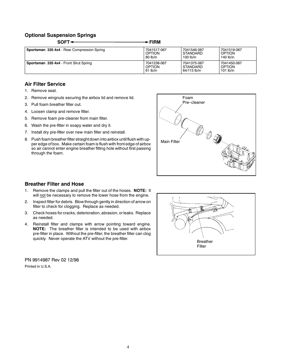 Optional suspension springs, Air filter service, Breather filter and hose | Polaris 1999 ATV Sportsman 335 User Manual | Page 4 / 5