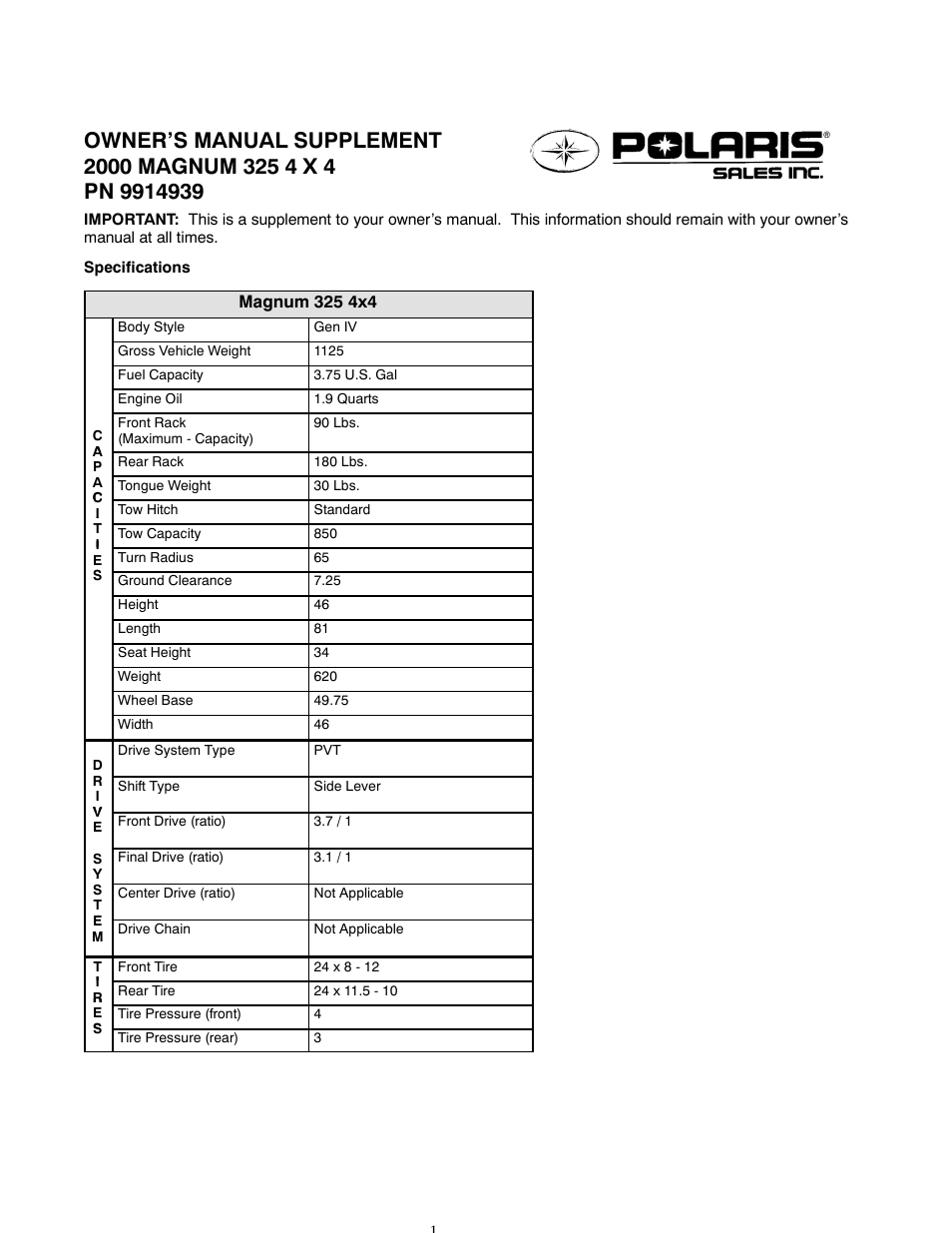 Polaris 2000 ATV Magnum 325 4X4 User Manual | 4 pages