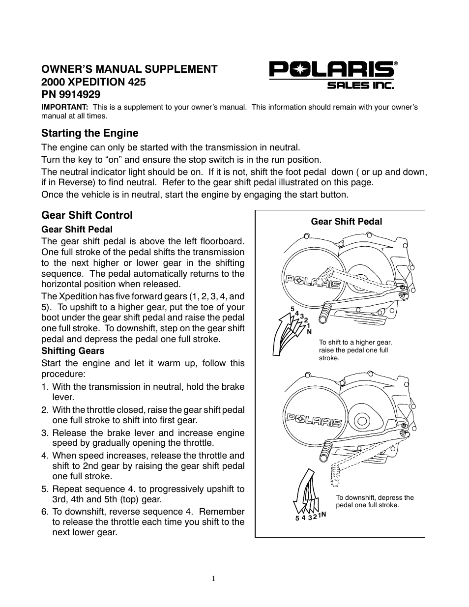 Polaris 2000 ATV Xpedition 425 User Manual | 7 pages