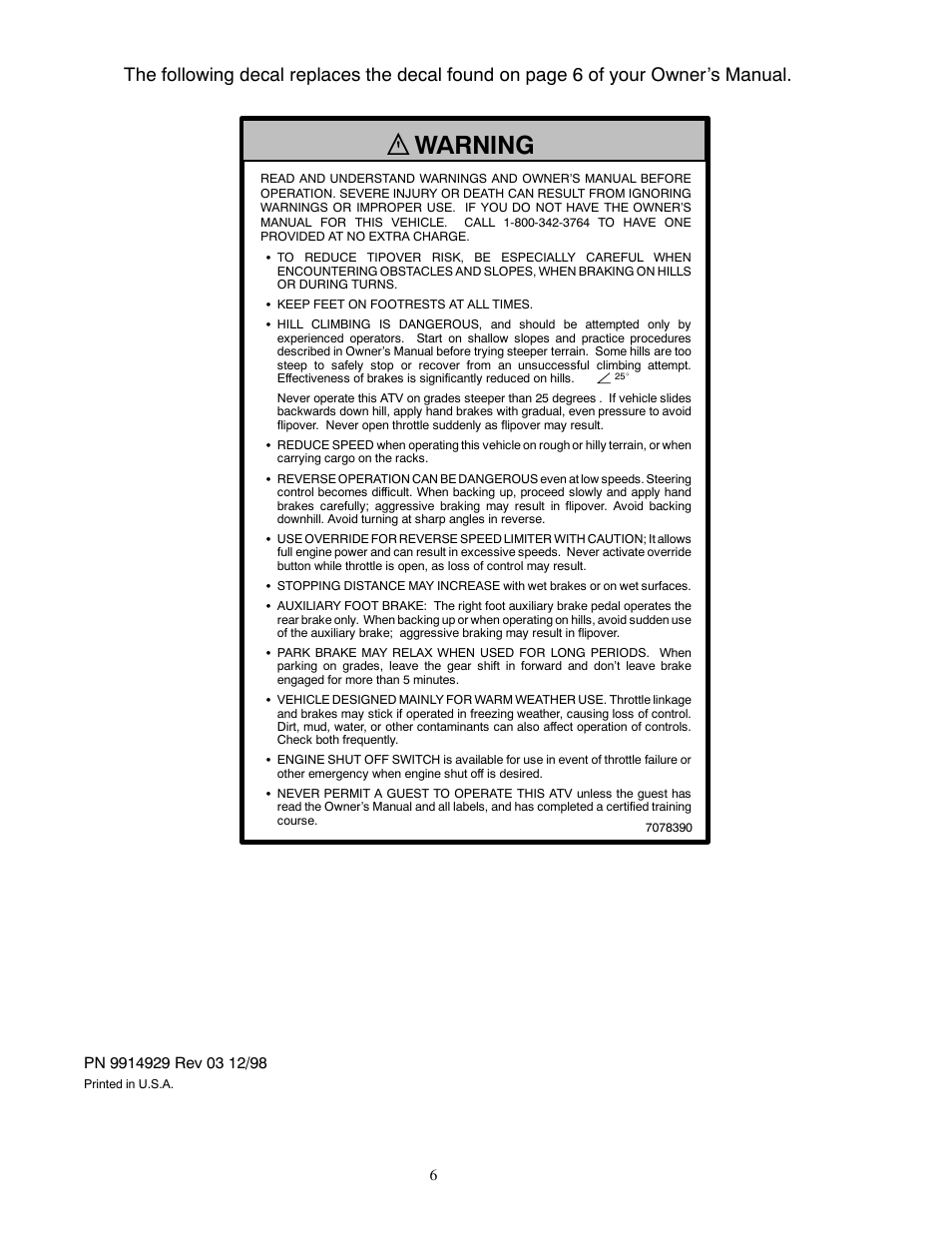 Warning | Polaris 2000 ATV Xpedition 425 User Manual | Page 6 / 7